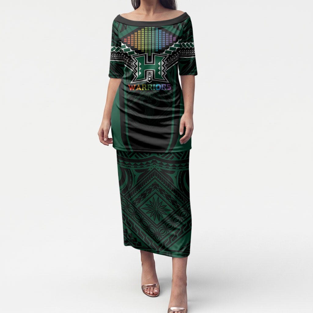 Custom Hawaii Warriors Football Puletasi Rainbow Kakau Pattern Black LT05 Long Dress Black - Polynesian Pride