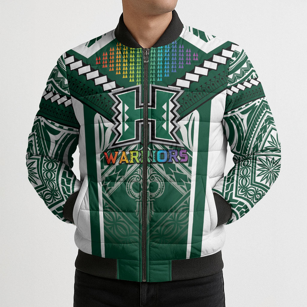 Custom Hawaii Warriors Football Bomber Puffer Jacket Rainbow Kakau Pattern Green LT05 - Polynesian Pride