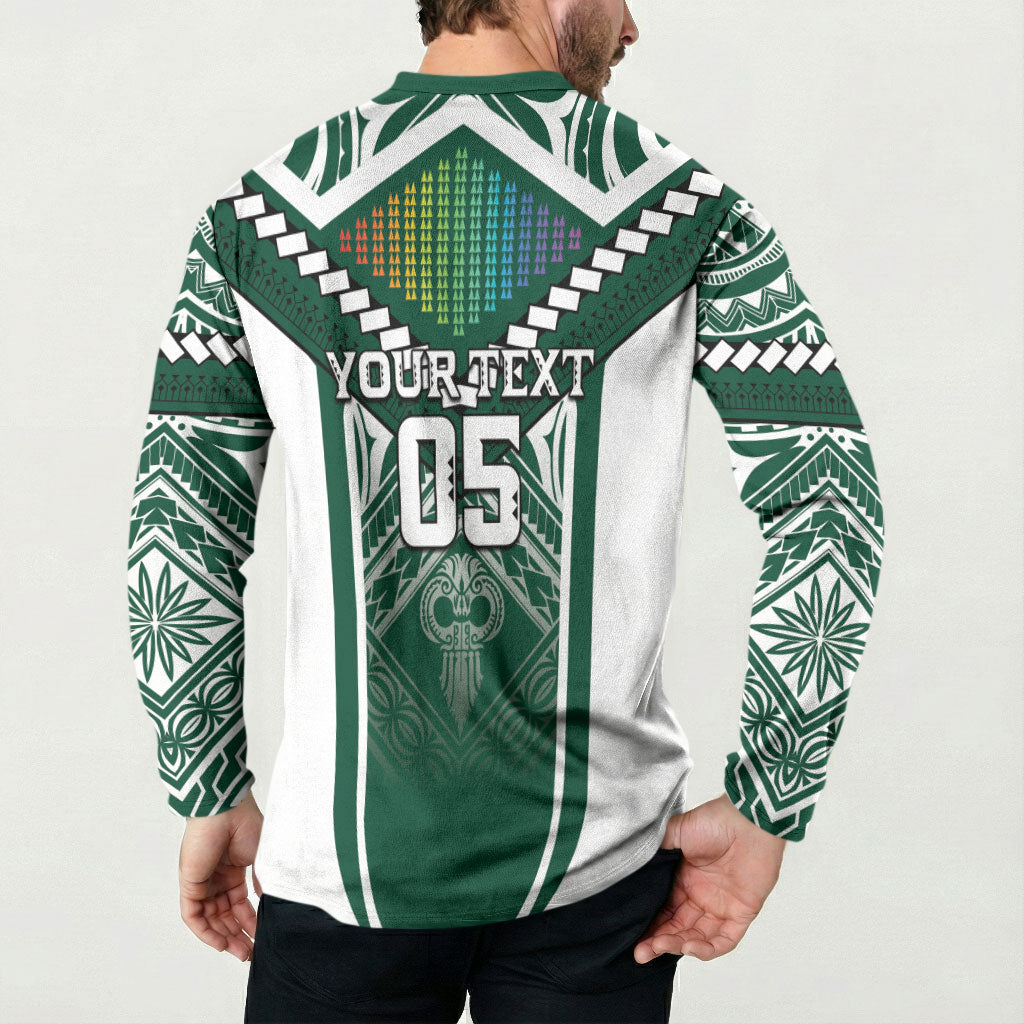 Custom Hawaii Warriors Football Button Sweatshirt Rainbow Kakau Pattern Green LT05 - Polynesian Pride
