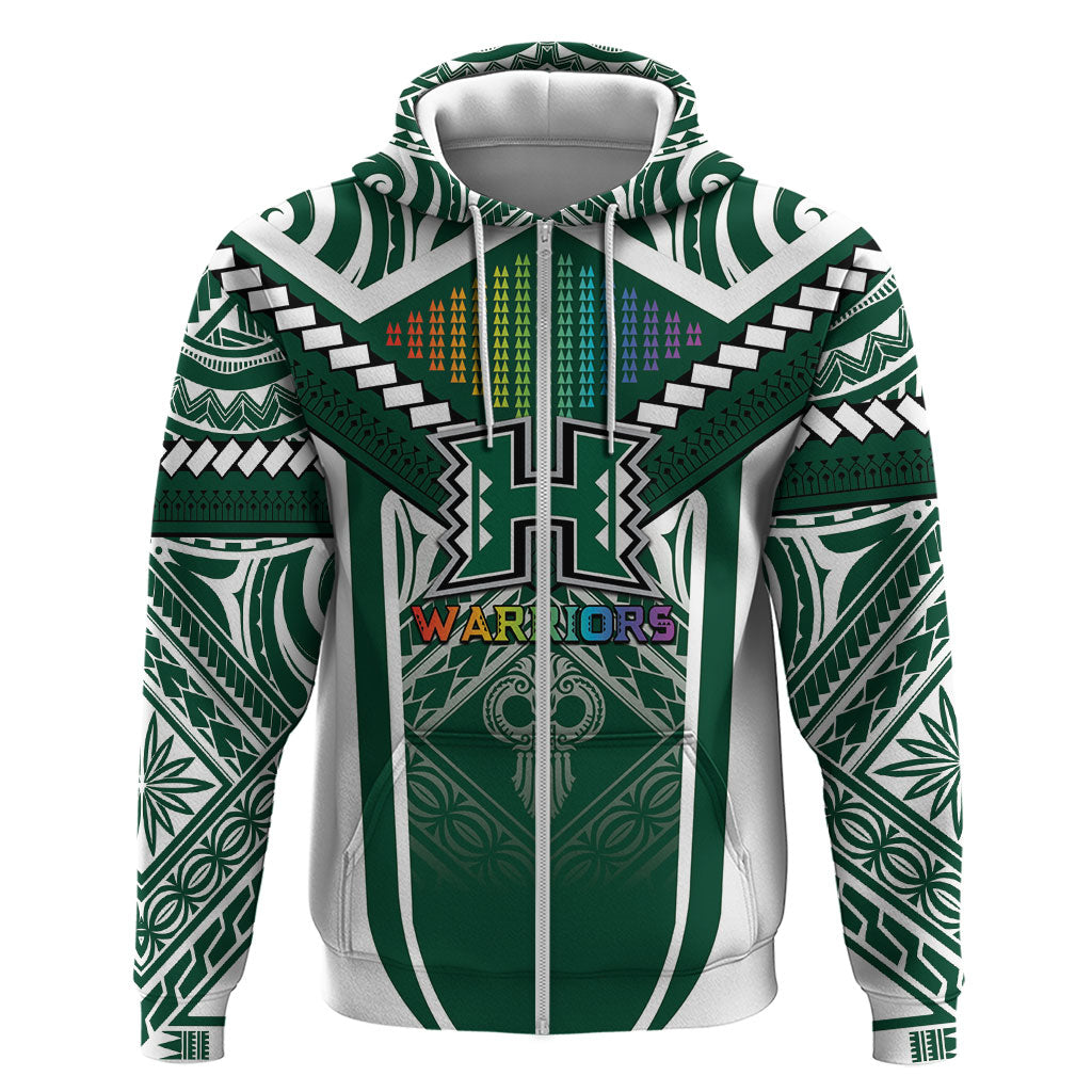 Custom Hawaii Warriors Football Hoodie Rainbow Kakau Pattern Green LT05 Zip Hoodie Green - Polynesian Pride