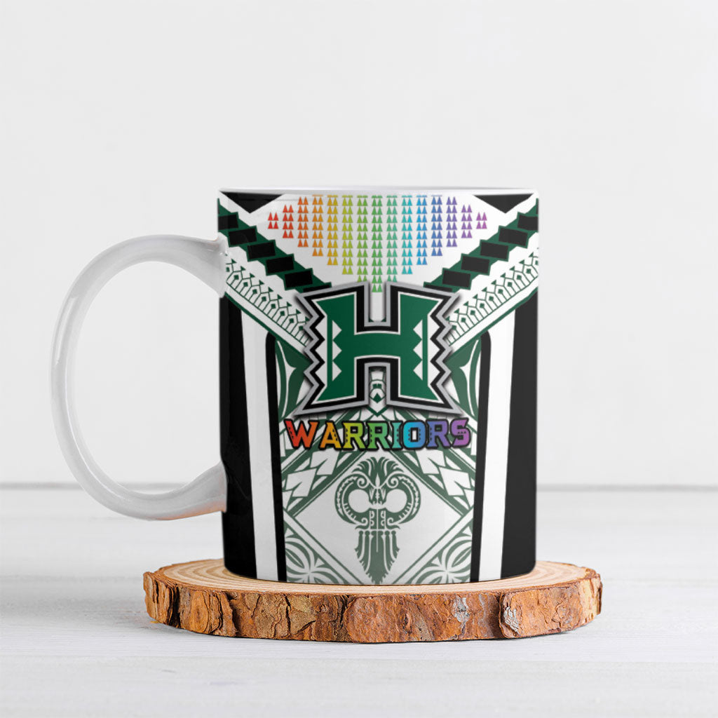 Custom Hawaii Warriors Football Ceramic Mug Rainbow Kakau Pattern White
