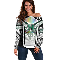 Custom Hawaii Warriors Football Off Shoulder Sweater Rainbow Kakau Pattern White LT05 Women White - Polynesian Pride
