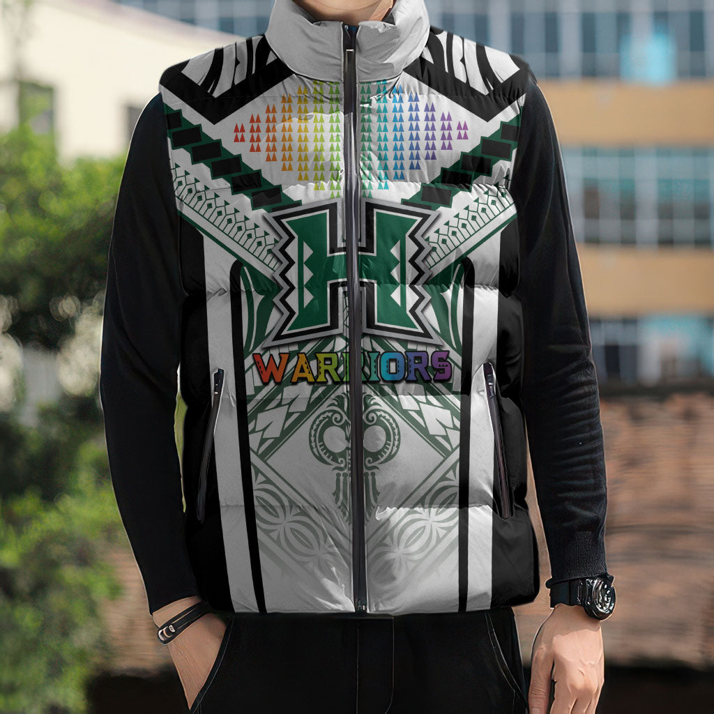 Custom Hawaii Warriors Football Sleeveless Puffer Jacket Rainbow Kakau Pattern White LT05 - Polynesian Pride