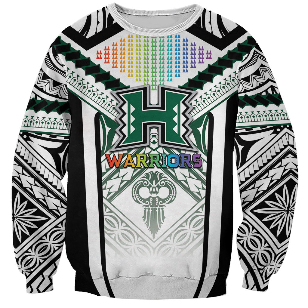 Custom Hawaii Warriors Football Sweatshirt Rainbow Kakau Pattern White LT05 Unisex White - Polynesian Pride