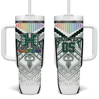 Custom Hawaii Warriors Football Tumbler With Handle Rainbow Kakau Pattern White LT05 One Size: 40 oz White - Polynesian Pride