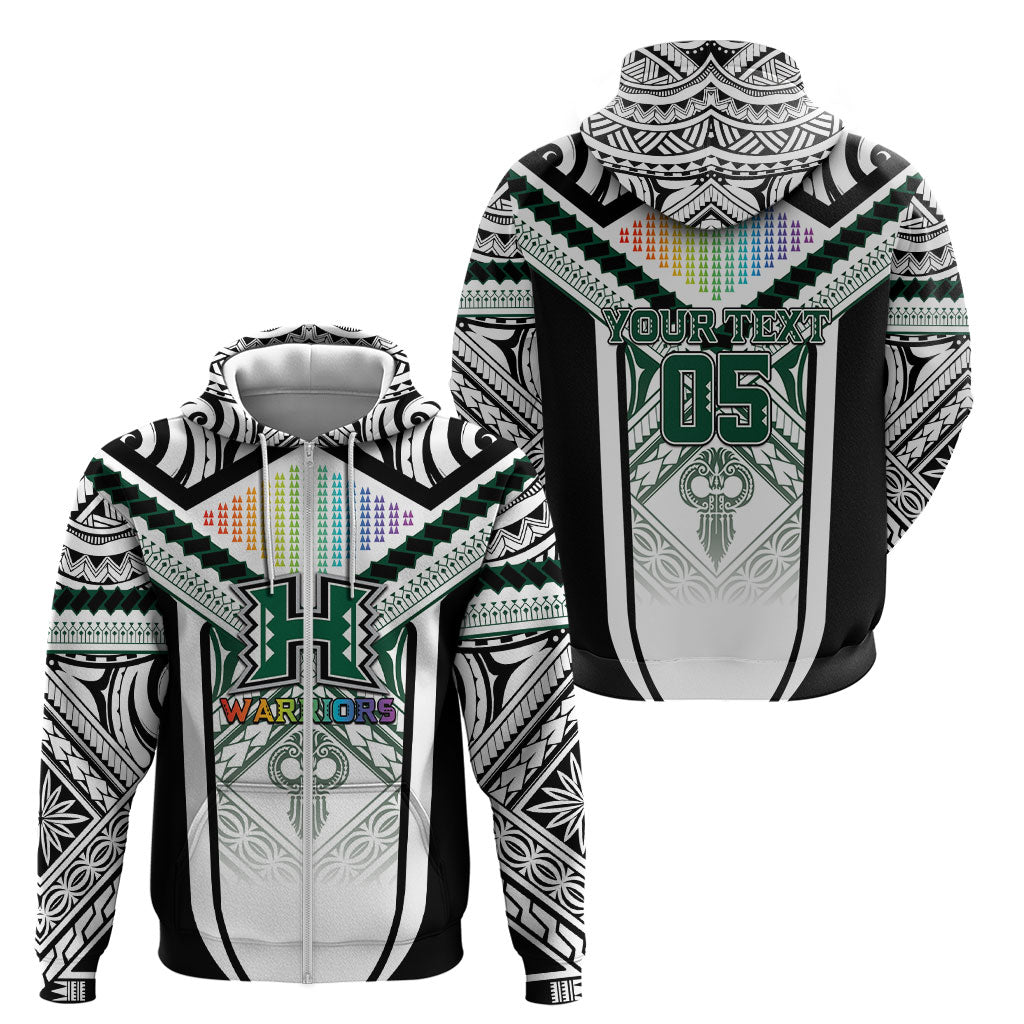 Custom Hawaii Warriors Football Zip Hoodie Rainbow Kakau Pattern White LT05 - Polynesian Pride