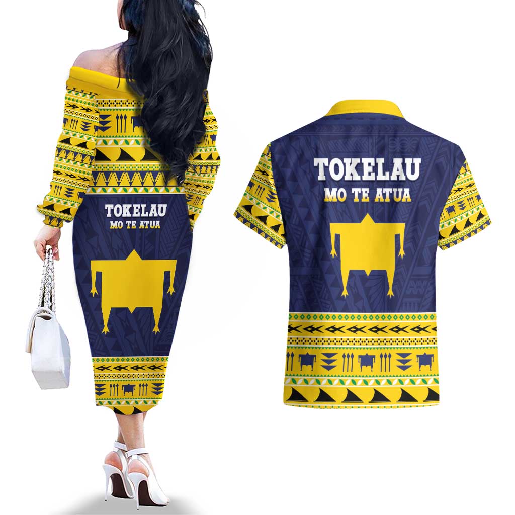 Tokelau Christmas Couples Matching Off The Shoulder Long Sleeve Dress and Hawaiian Shirt Tokelauan Turtle Santa Sleigh