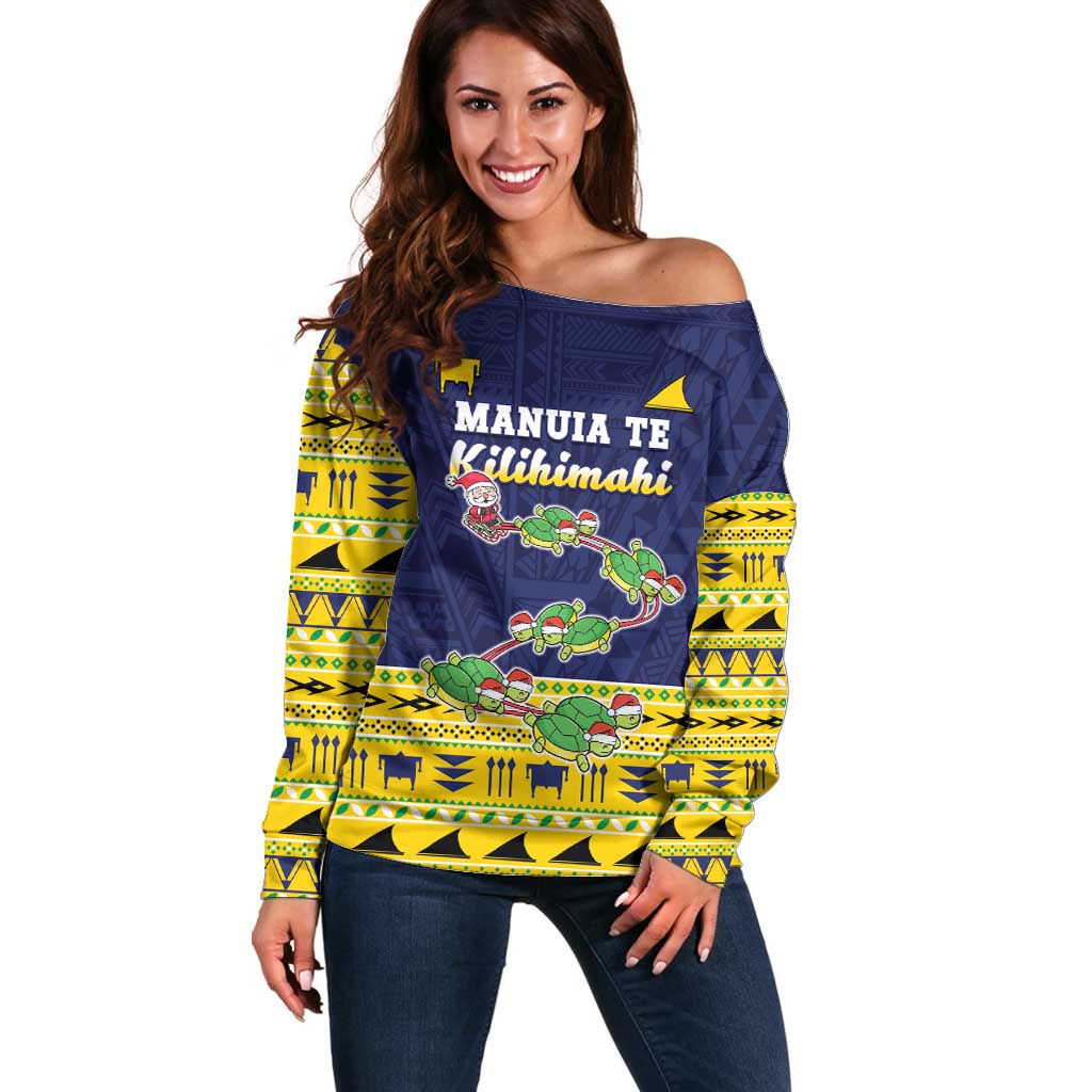 Tokelau Christmas Off Shoulder Sweater Tokelauan Turtle Santa Sleigh