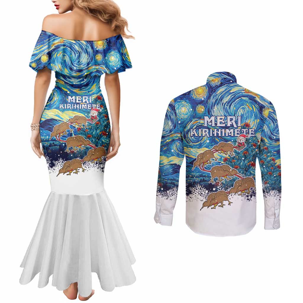 New Zealand Christmas Couples Matching Mermaid Dress and Long Sleeve Button Shirt Kiwis Santa Sleigh Starry Night Style
