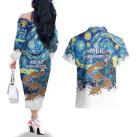 New Zealand Christmas Couples Matching Off The Shoulder Long Sleeve Dress and Hawaiian Shirt Kiwis Santa Sleigh Starry Night Style