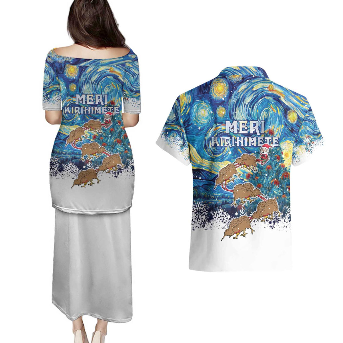 New Zealand Christmas Couples Matching Puletasi and Hawaiian Shirt Kiwis Santa Sleigh Starry Night Style