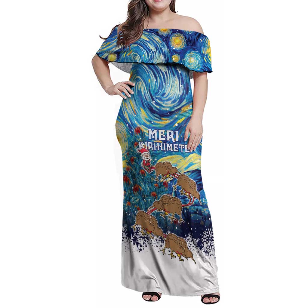 New Zealand Christmas Family Matching Off Shoulder Maxi Dress and Hawaiian Shirt Kiwis Santa Sleigh Starry Night Style LT05 Mom's Dress Blue - Polynesian Pride