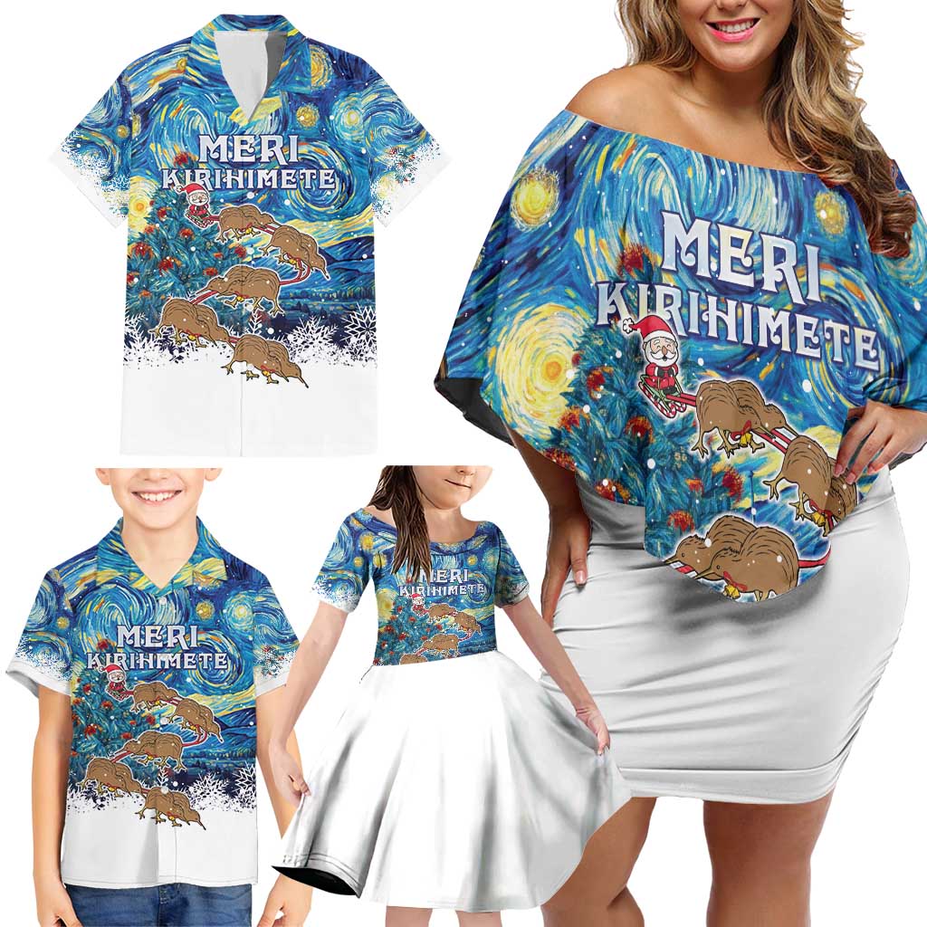 New Zealand Christmas Family Matching Off Shoulder Short Dress and Hawaiian Shirt Kiwis Santa Sleigh Starry Night Style LT05 - Polynesian Pride