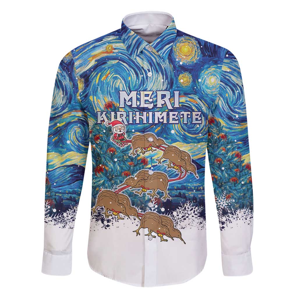 New Zealand Christmas Family Matching Off Shoulder Short Dress and Hawaiian Shirt Kiwis Santa Sleigh Starry Night Style LT05 Dad's Shirt - Long Sleeve Blue - Polynesian Pride