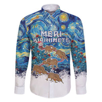 New Zealand Christmas Family Matching Off Shoulder Short Dress and Hawaiian Shirt Kiwis Santa Sleigh Starry Night Style LT05 Dad's Shirt - Long Sleeve Blue - Polynesian Pride
