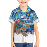 New Zealand Christmas Family Matching Off Shoulder Short Dress and Hawaiian Shirt Kiwis Santa Sleigh Starry Night Style LT05 Son's Shirt Blue - Polynesian Pride