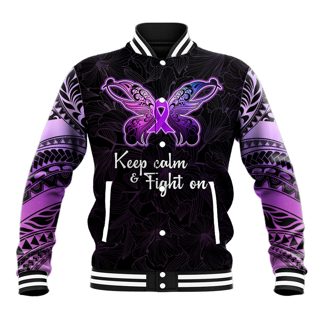 Pancreatic Cancer Awareness Baseball Jacket Keep Calm And Fight On Polynesian Pattern LT05 Unisex Purple - Polynesian Pride