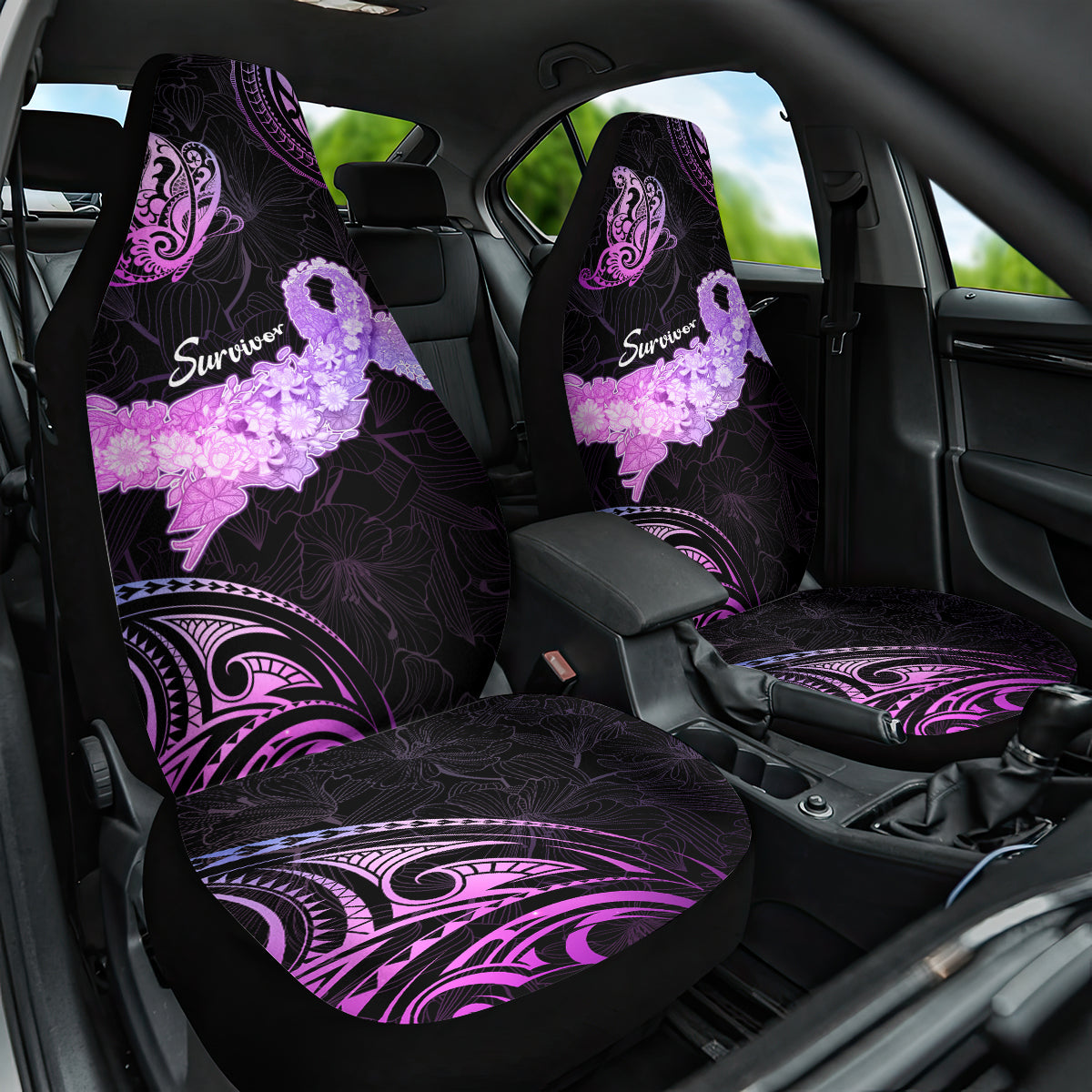 Pancreatic Cancer Awareness Car Seat Cover Keep Calm And Fight On Polynesian Pattern LT05 One Size Purple - Polynesian Pride