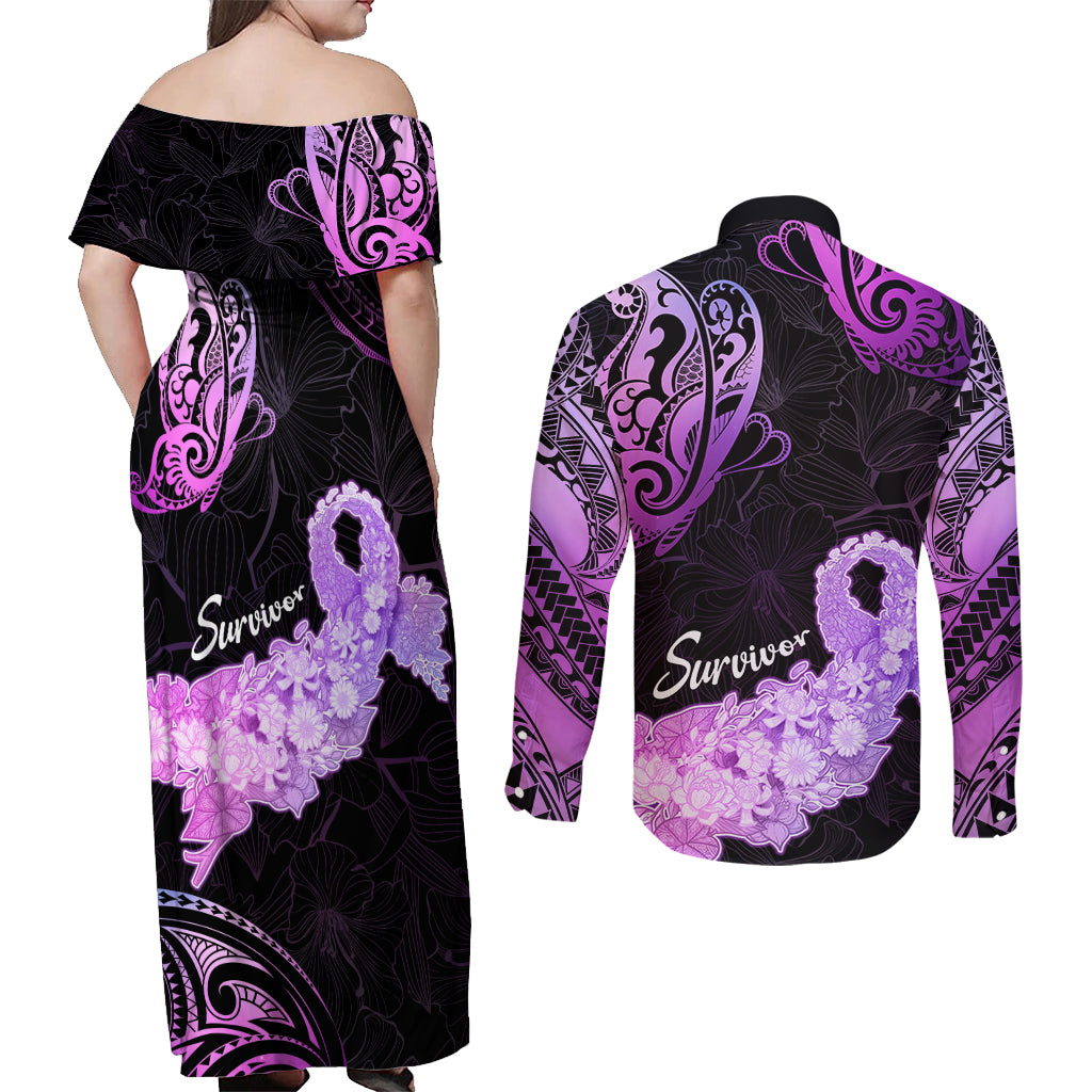 Pancreatic Cancer Awareness Couples Matching Off Shoulder Maxi Dress and Long Sleeve Button Shirt Keep Calm And Fight On Polynesian Pattern LT05 - Polynesian Pride