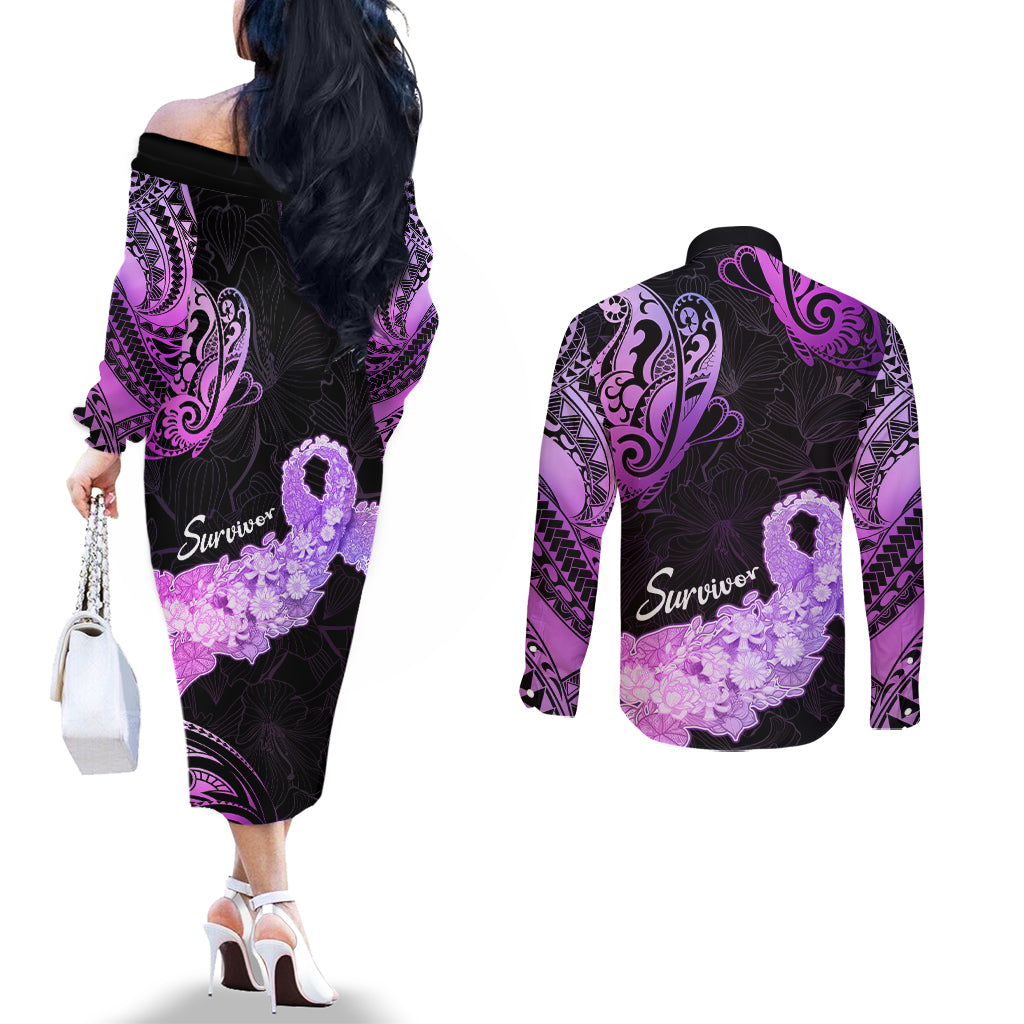 Pancreatic Cancer Awareness Couples Matching Off The Shoulder Long Sleeve Dress and Long Sleeve Button Shirt Keep Calm And Fight On Polynesian Pattern LT05 - Polynesian Pride