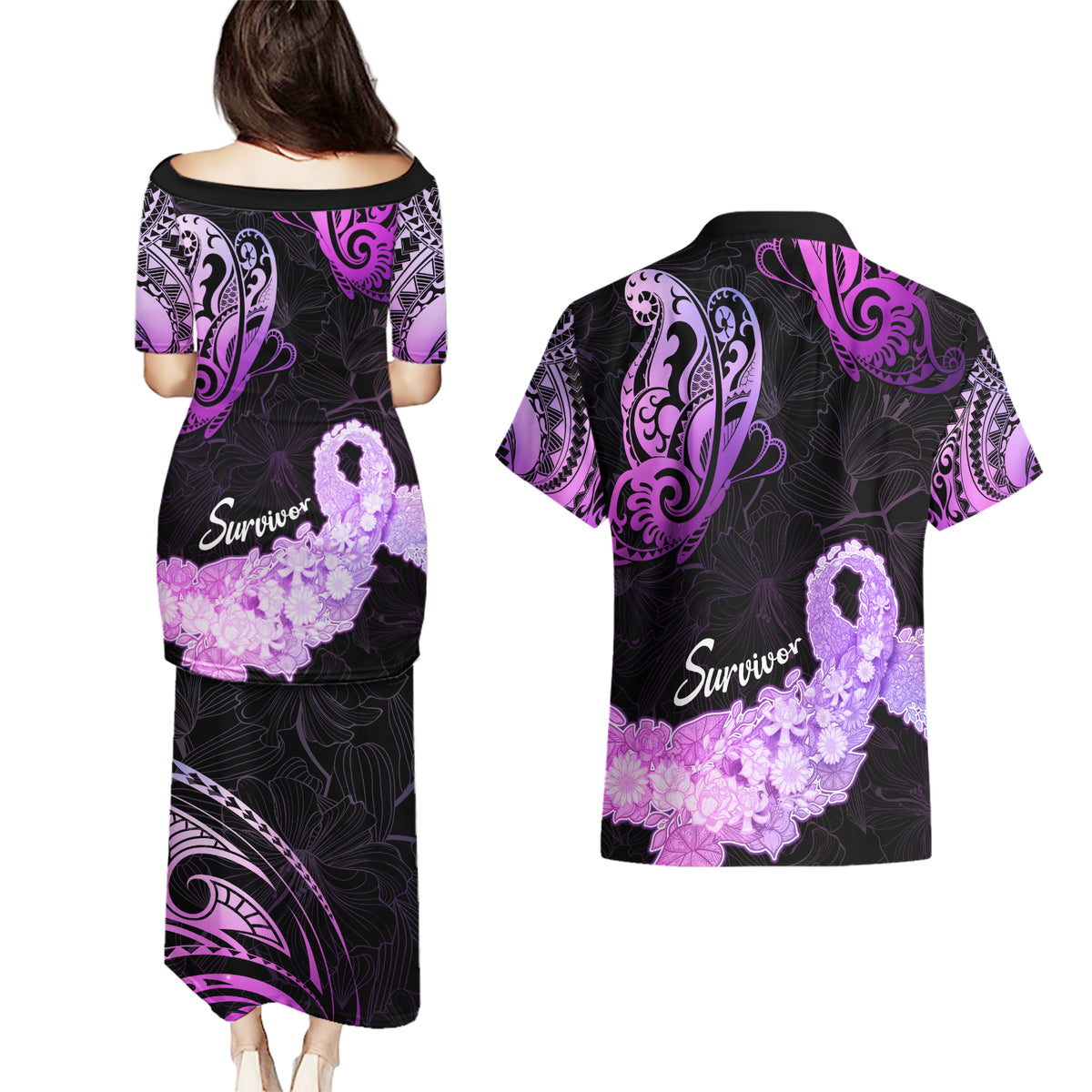 Pancreatic Cancer Awareness Couples Matching Puletasi Dress and Hawaiian Shirt Keep Calm And Fight On Polynesian Pattern LT05 - Polynesian Pride