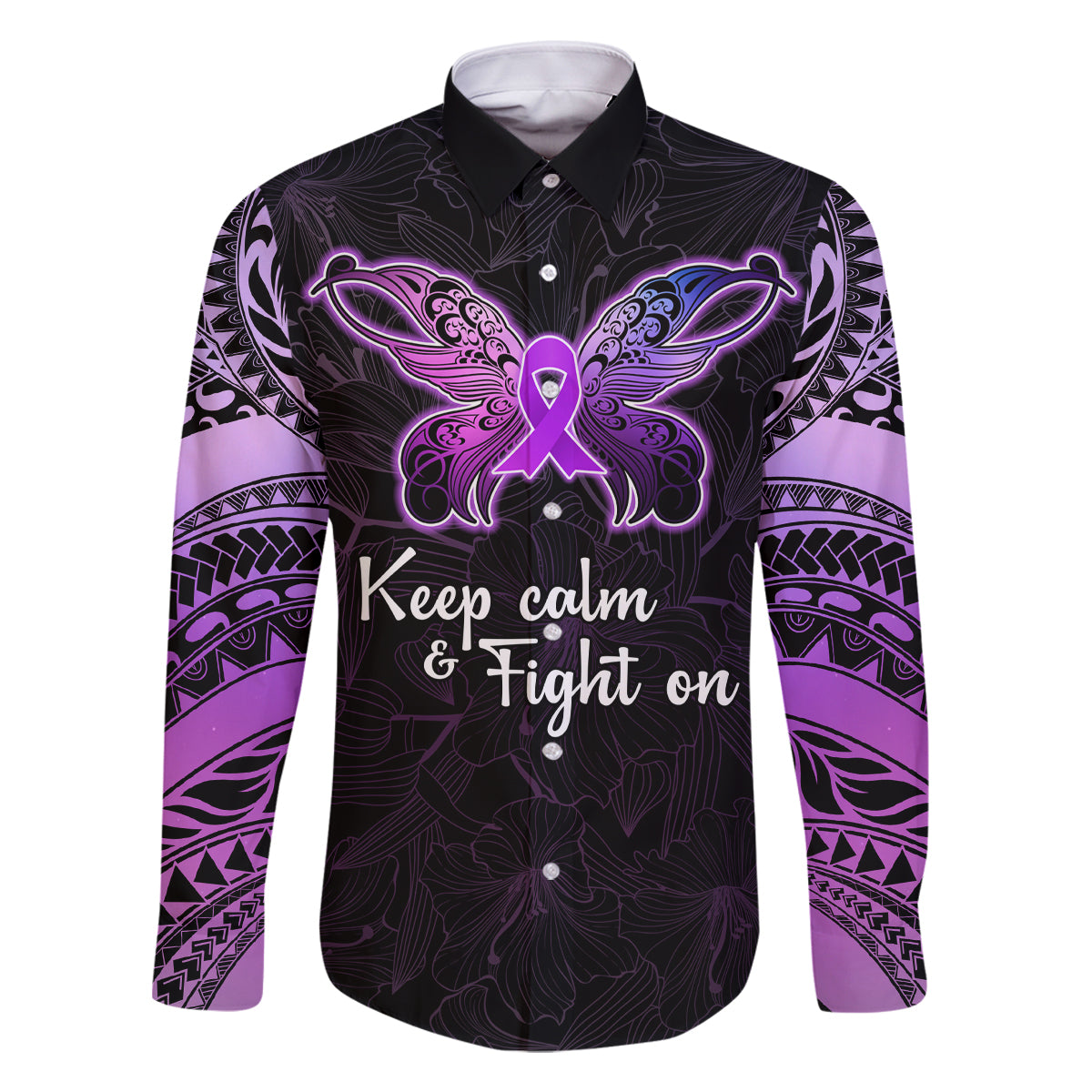 Pancreatic Cancer Awareness Family Matching Long Sleeve Bodycon Dress and Hawaiian Shirt Keep Calm And Fight On Polynesian Pattern LT05 Dad's Shirt - Long Sleeve Purple - Polynesian Pride