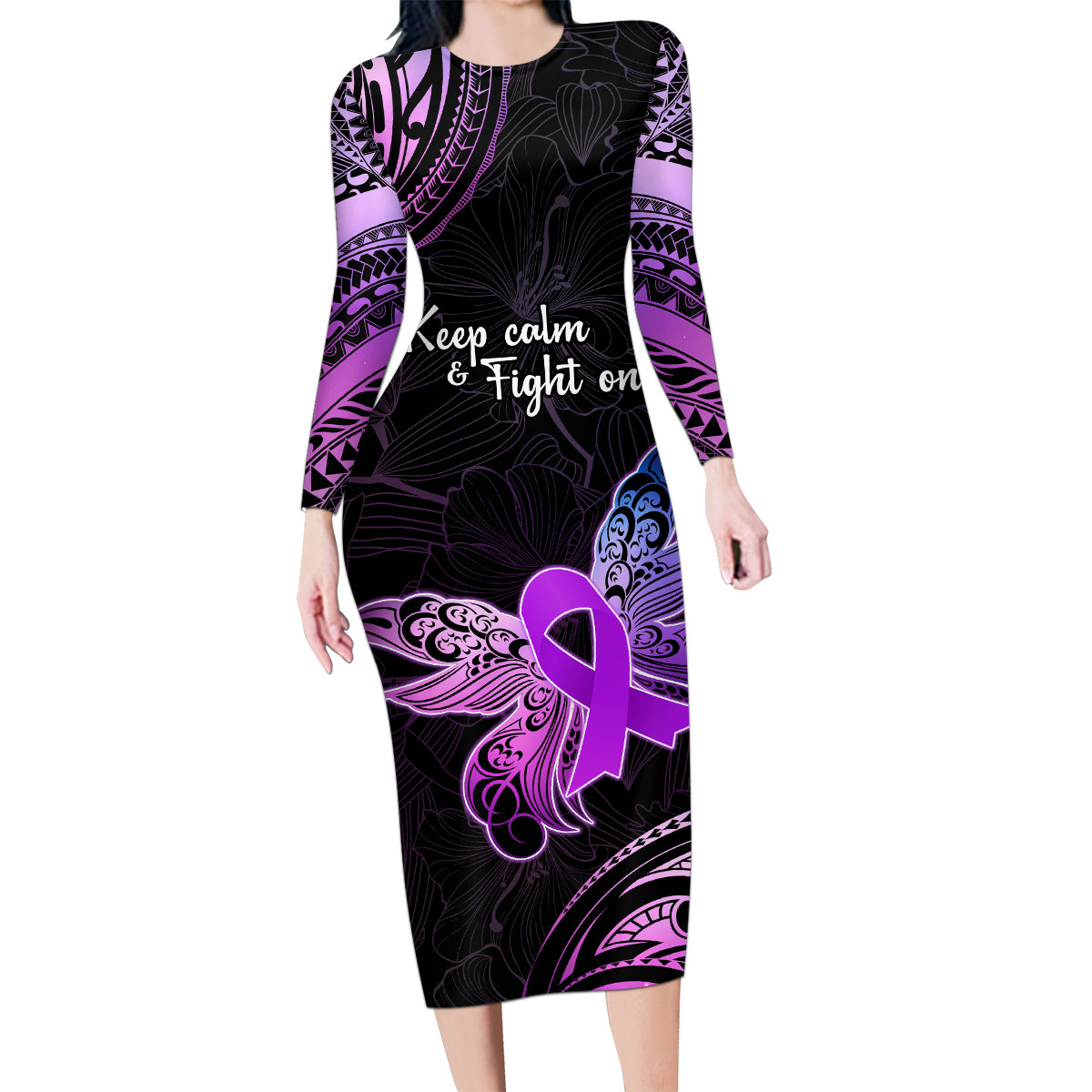 Pancreatic Cancer Awareness Family Matching Long Sleeve Bodycon Dress and Hawaiian Shirt Keep Calm And Fight On Polynesian Pattern LT05 Mom's Dress Purple - Polynesian Pride