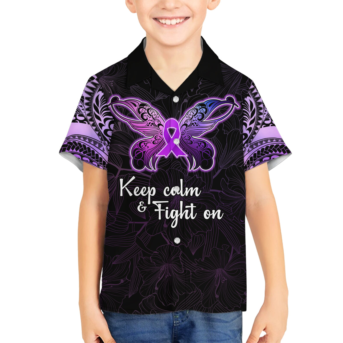 Pancreatic Cancer Awareness Family Matching Long Sleeve Bodycon Dress and Hawaiian Shirt Keep Calm And Fight On Polynesian Pattern LT05 Son's Shirt Purple - Polynesian Pride