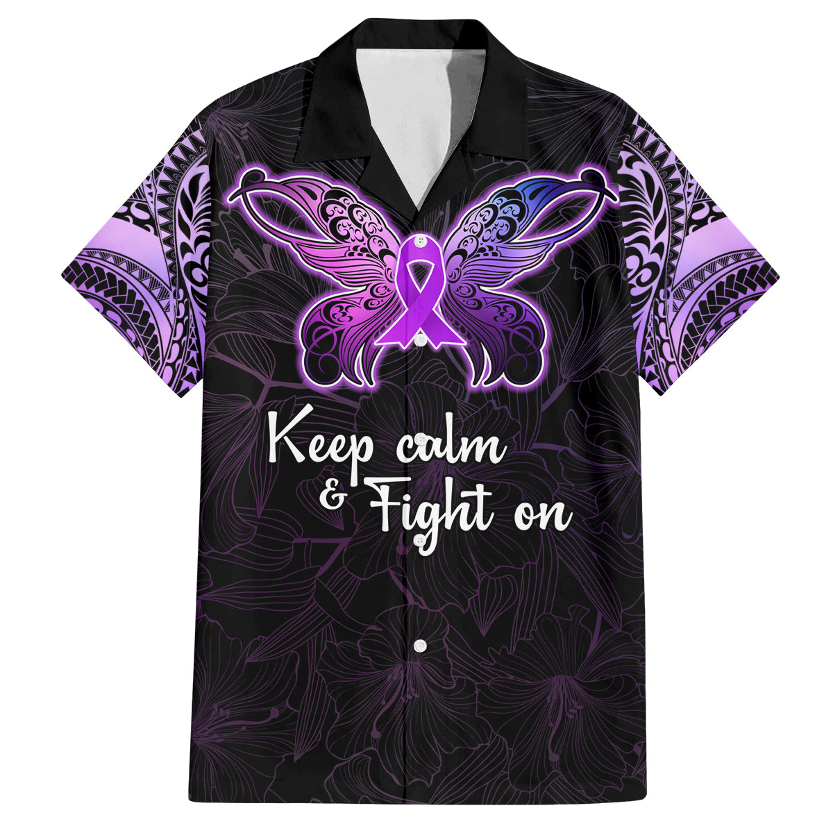 Pancreatic Cancer Awareness Family Matching Summer Maxi Dress and Hawaiian Shirt Keep Calm And Fight On Polynesian Pattern LT05 Dad's Shirt - Short Sleeve Purple - Polynesian Pride