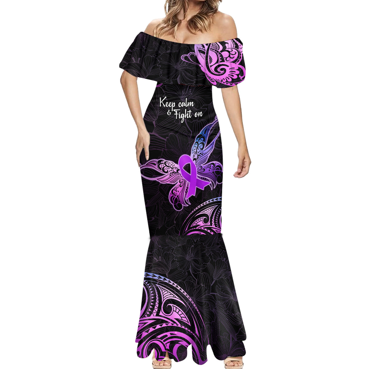 Pancreatic Cancer Awareness Mermaid Dress Keep Calm And Fight On Polynesian Pattern LT05 - Polynesian Pride