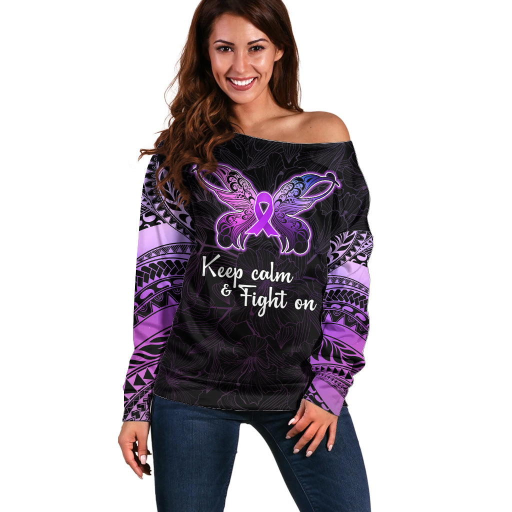 Pancreatic Cancer Awareness Off Shoulder Sweater Keep Calm And Fight On Polynesian Pattern LT05 Women Purple - Polynesian Pride