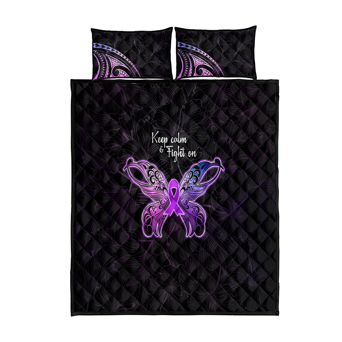 Pancreatic Cancer Awareness Quilt Bed Set Keep Calm And Fight On Polynesian Pattern LT05 Purple - Polynesian Pride
