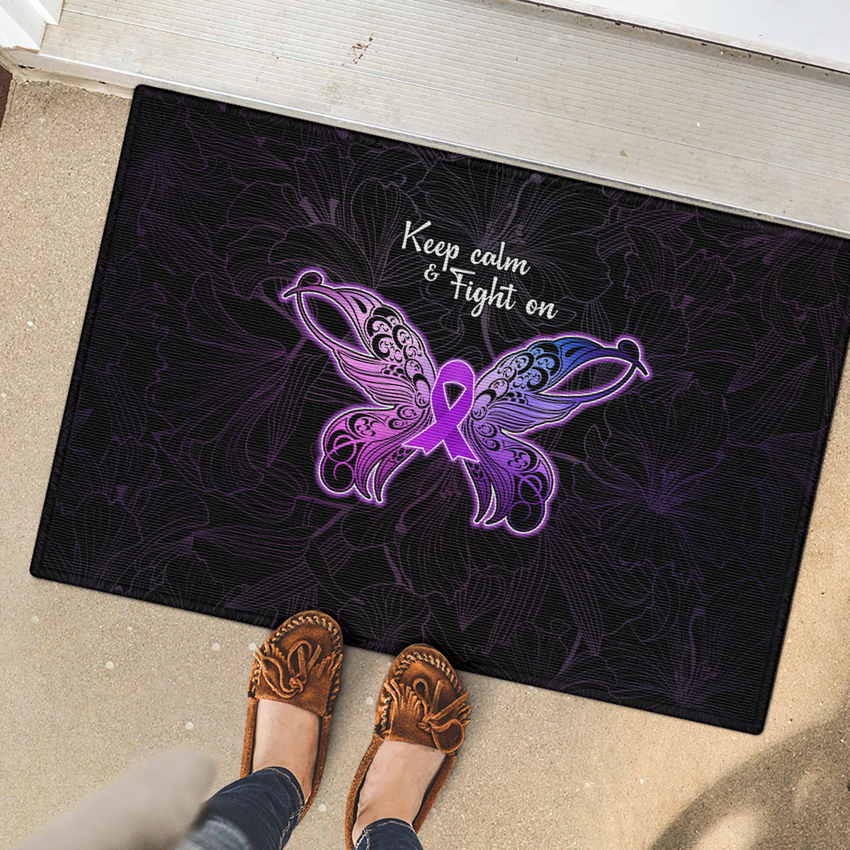 Pancreatic Cancer Awareness Rubber Doormat Keep Calm And Fight On Polynesian Pattern LT05 - Polynesian Pride