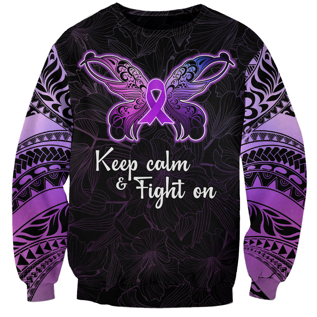 Pancreatic Cancer Awareness Sweatshirt Keep Calm And Fight On Polynesian Pattern LT05 Unisex Purple - Polynesian Pride