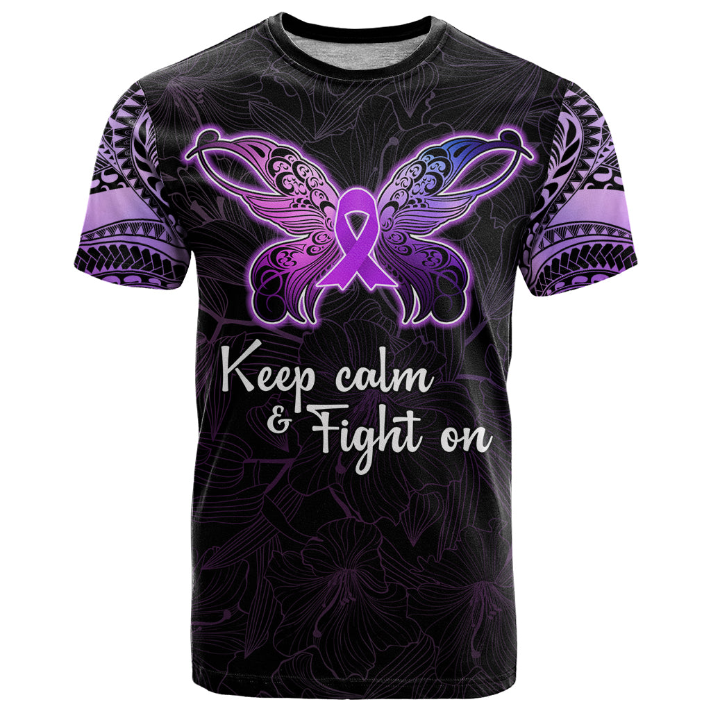 Pancreatic Cancer Awareness T Shirt Keep Calm And Fight On Polynesian Pattern LT05 Purple - Polynesian Pride