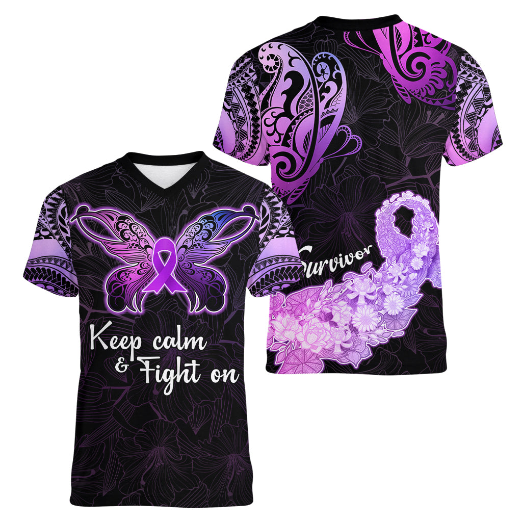Pancreatic Cancer Awareness Women V Neck T Shirt Keep Calm And Fight On Polynesian Pattern LT05 - Polynesian Pride