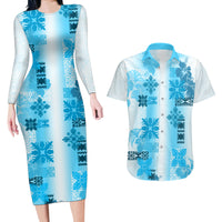 Hawaiian Quilt Couples Matching Long Sleeve Bodycon Dress and Hawaiian Shirt Vintage Pattern Blue LT05 Blue - Polynesian Pride
