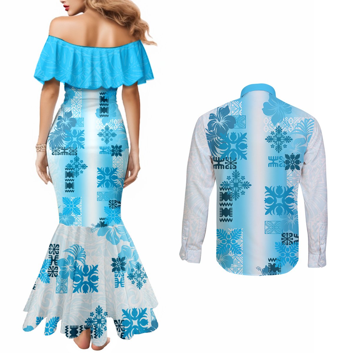 Hawaiian Quilt Couples Matching Mermaid Dress and Long Sleeve Button Shirt Vintage Pattern Blue LT05 - Polynesian Pride