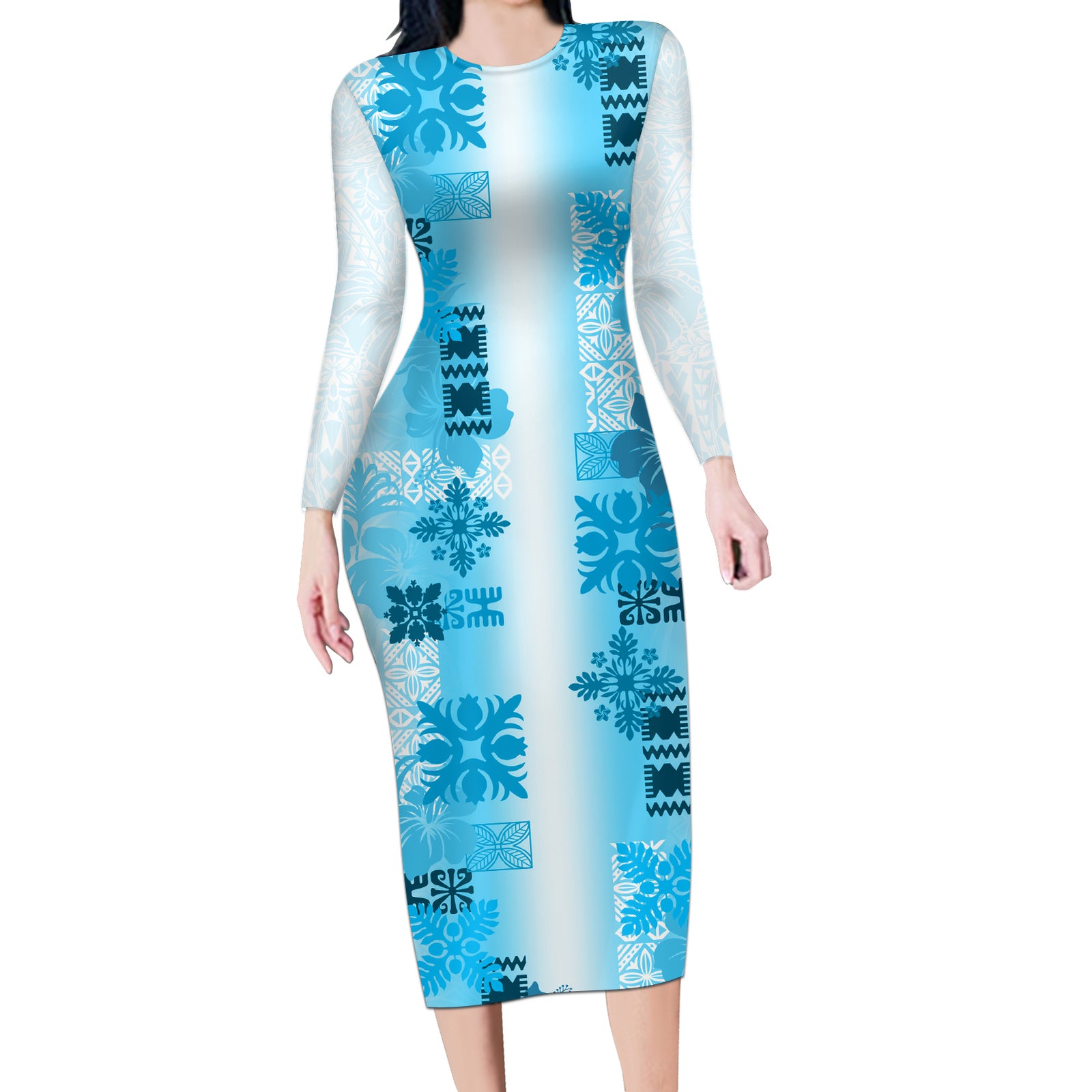 Hawaiian Quilt Long Sleeve Bodycon Dress Vintage Pattern Blue LT05 Long Dress Blue - Polynesian Pride