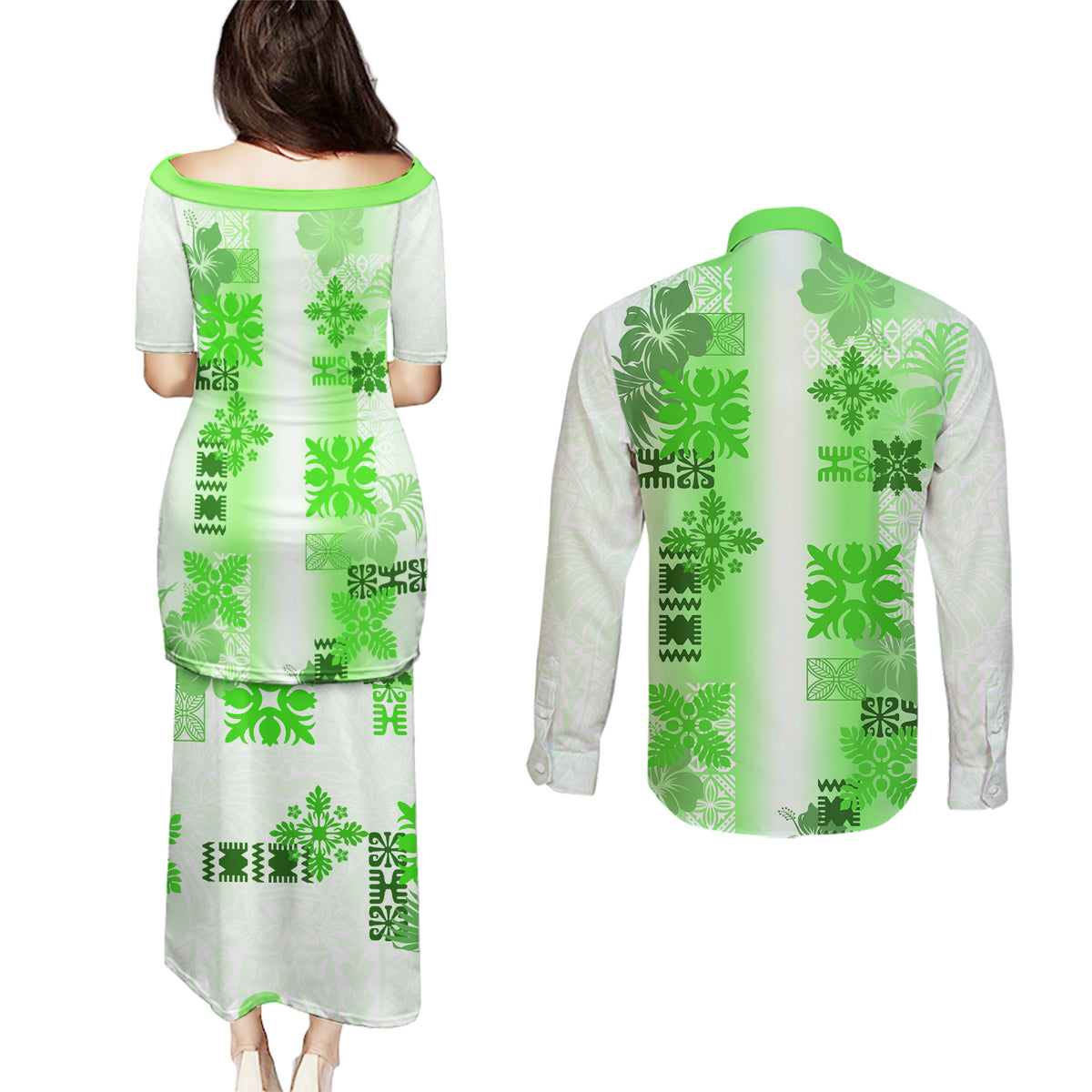 Hawaiian Quilt Couples Matching Puletasi Dress and Long Sleeve Button Shirt Vintage Pattern Green LT05 - Polynesian Pride