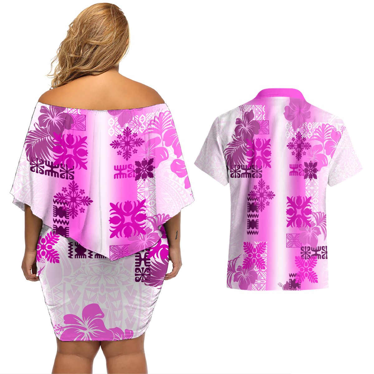 Hawaiian Quilt Couples Matching Off Shoulder Short Dress and Hawaiian Shirt Vintage Pattern Pink LT05 - Polynesian Pride