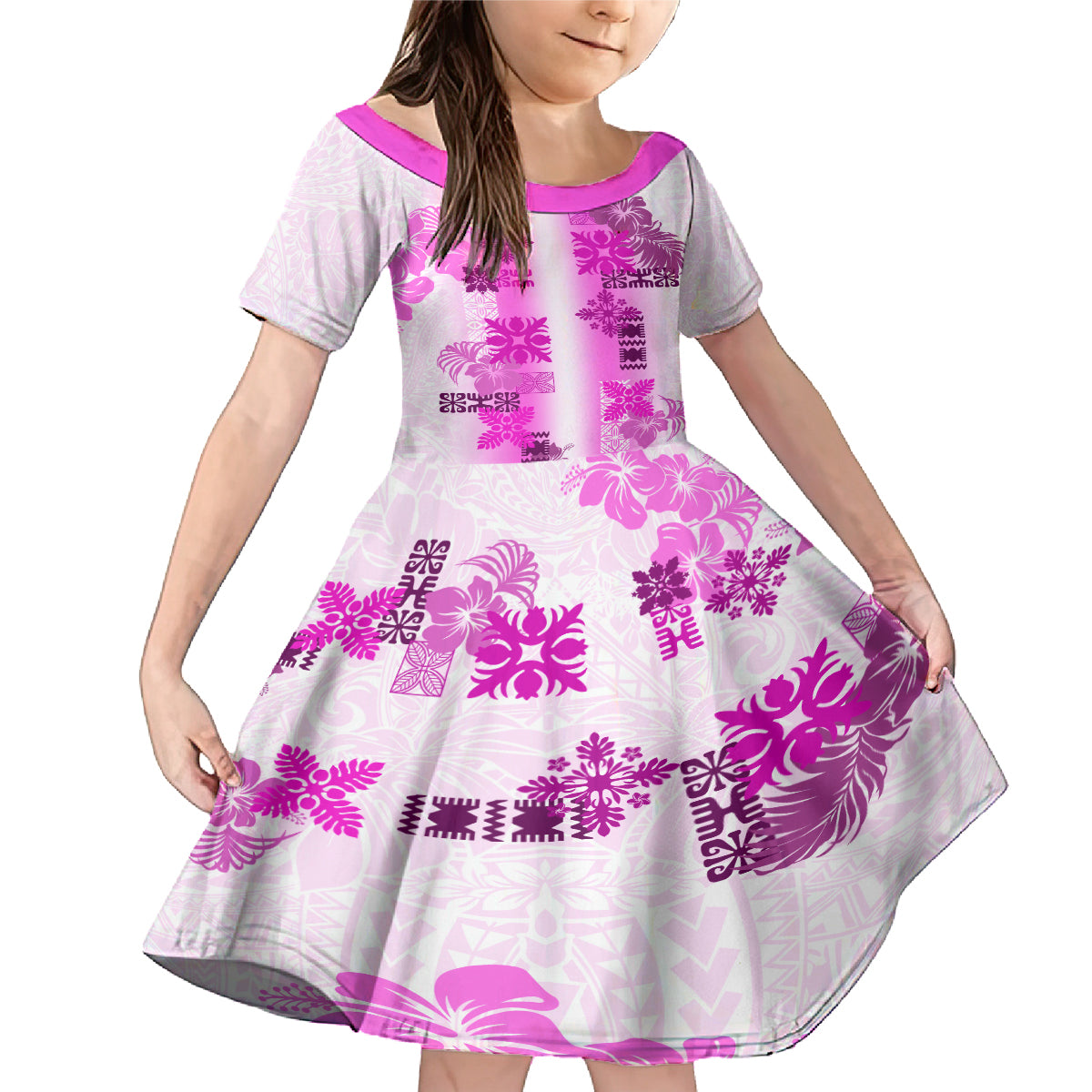 Hawaiian Quilt Family Matching Mermaid Dress and Hawaiian Shirt Vintage Pattern Pink LT05 Daughter's Dress Pink - Polynesian Pride