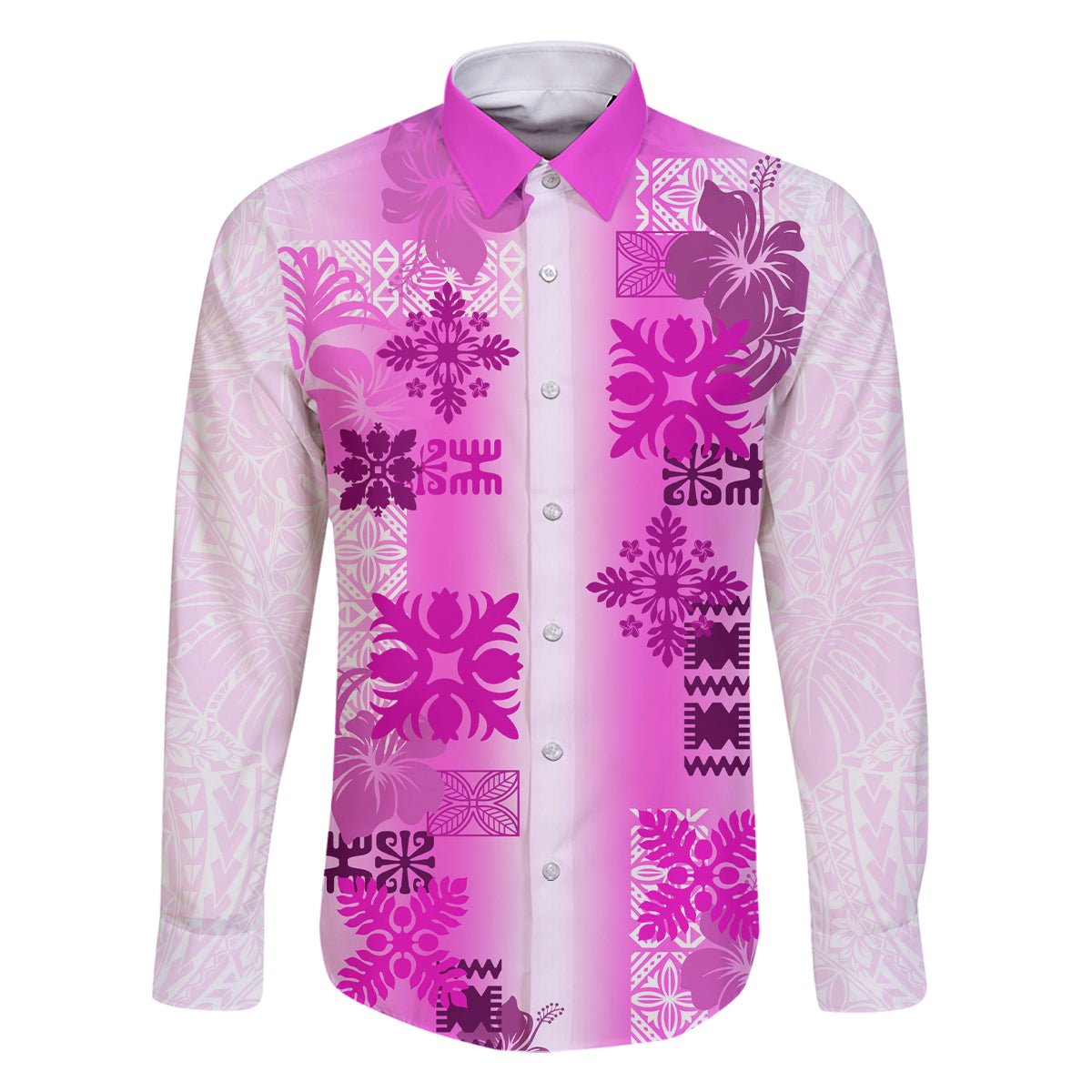 Hawaiian Quilt Family Matching Mermaid Dress and Hawaiian Shirt Vintage Pattern Pink LT05 Dad's Shirt - Long Sleeve Pink - Polynesian Pride