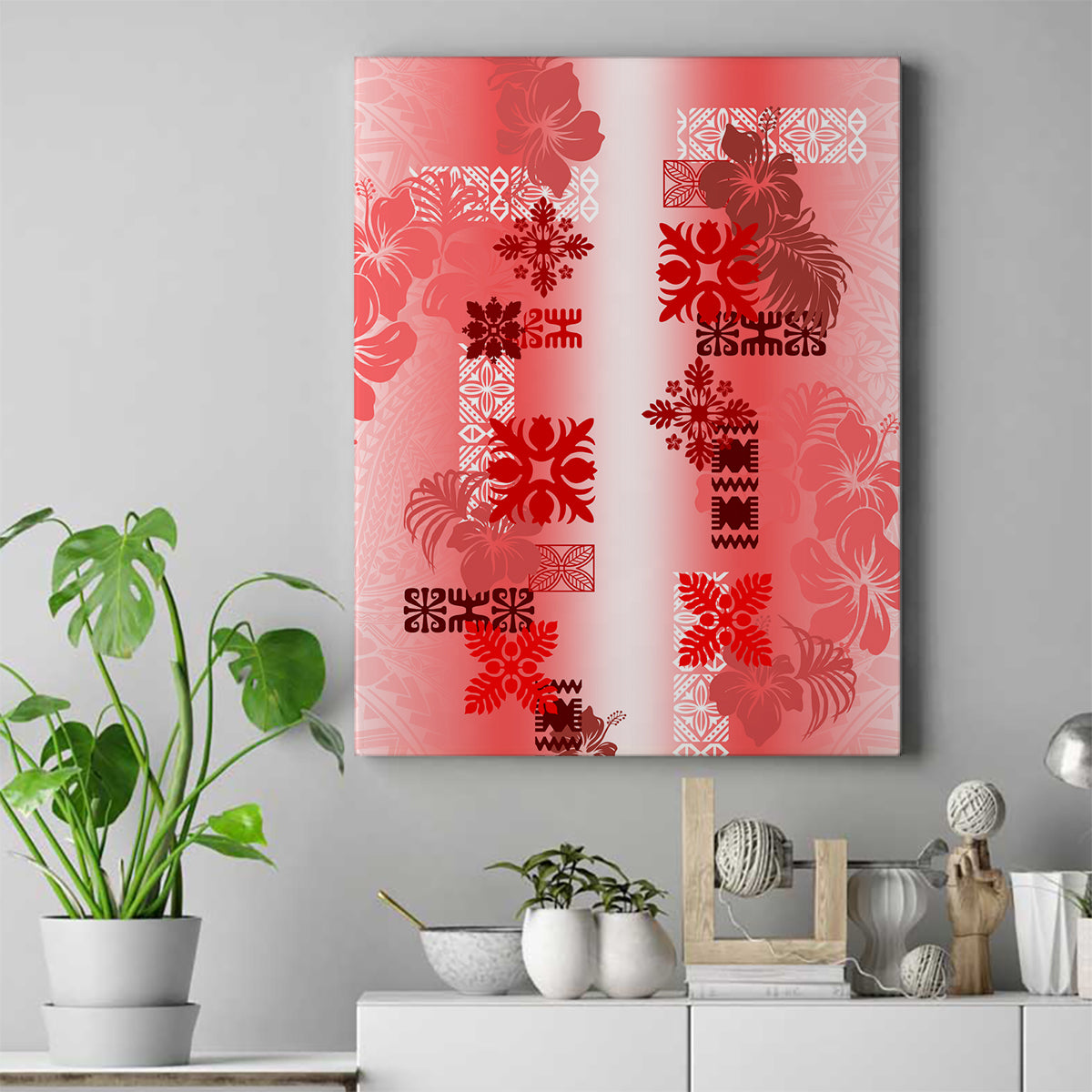 Hawaiian Quilt Canvas Wall Art Vintage Pattern Red LT05 Red - Polynesian Pride