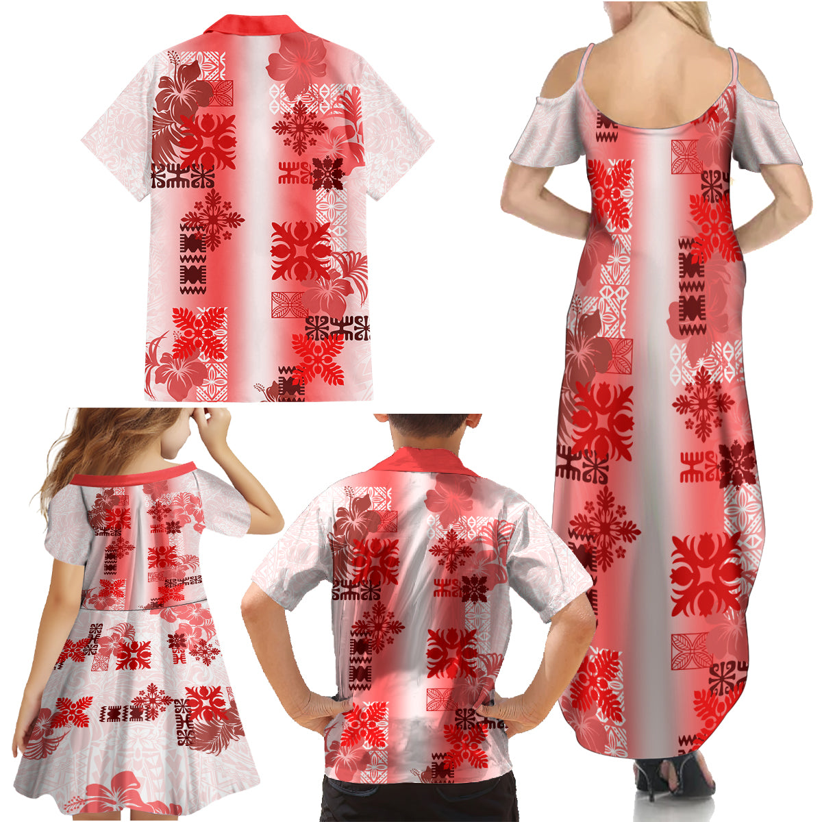 Hawaiian Quilt Family Matching Summer Maxi Dress and Hawaiian Shirt Vintage Pattern Red LT05 - Polynesian Pride