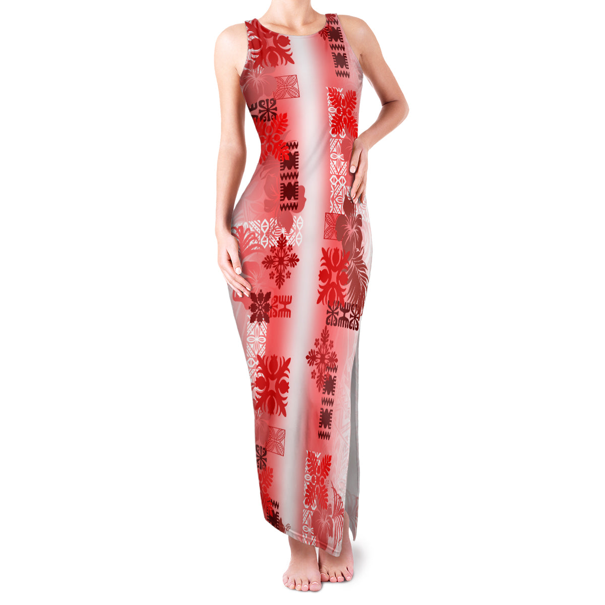 Hawaiian Quilt Family Matching Tank Maxi Dress and Hawaiian Shirt Vintage Pattern Red LT05 Mom's Dress Red - Polynesian Pride