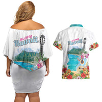 Aloha Hawaii Waikiki Beach Landscape Couples Matching Off Shoulder Short Dress and Hawaiian Shirt