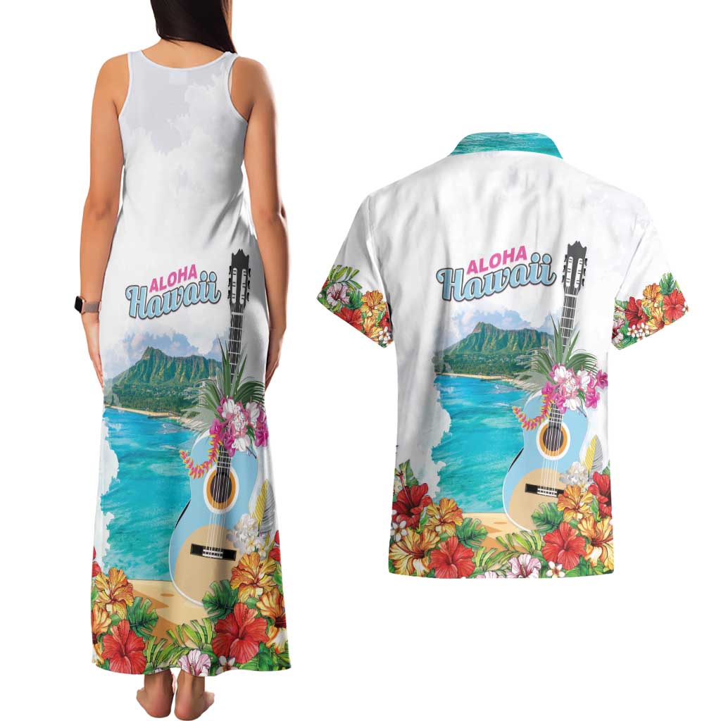 Aloha Hawaii Waikiki Beach Landscape Couples Matching Tank Maxi Dress and Hawaiian Shirt