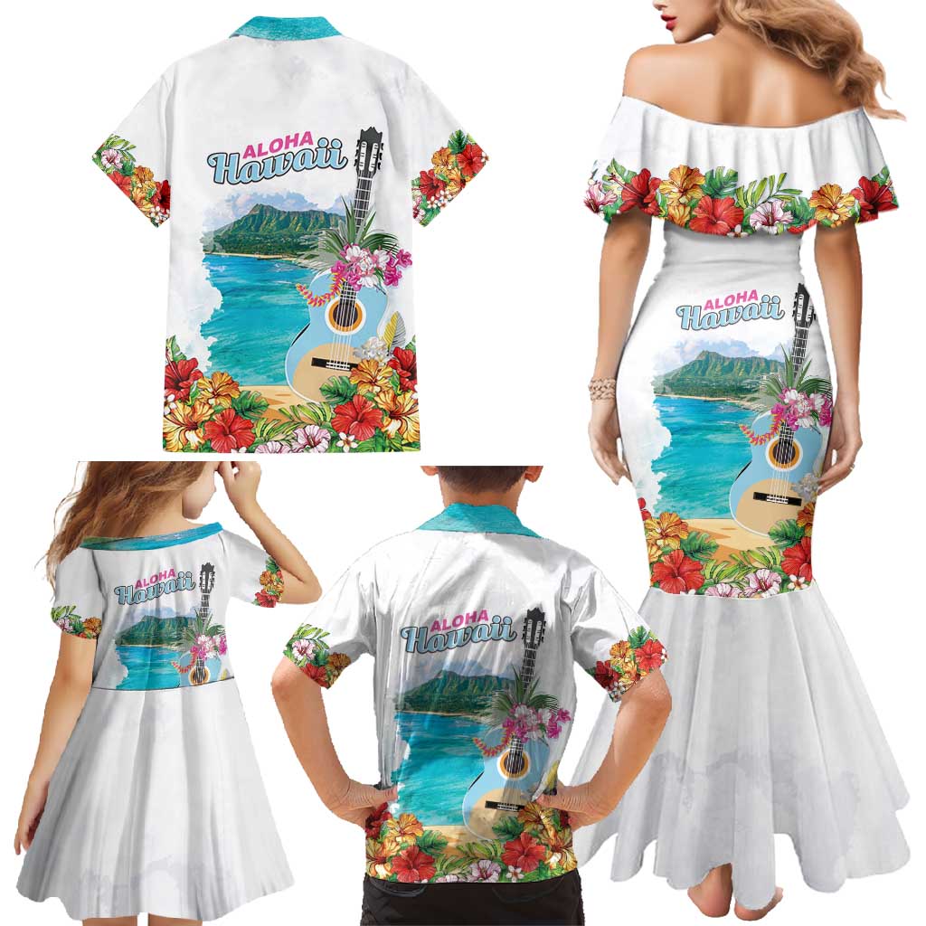 Aloha Hawaii Waikiki Beach Landscape Family Matching Mermaid Dress and Hawaiian Shirt