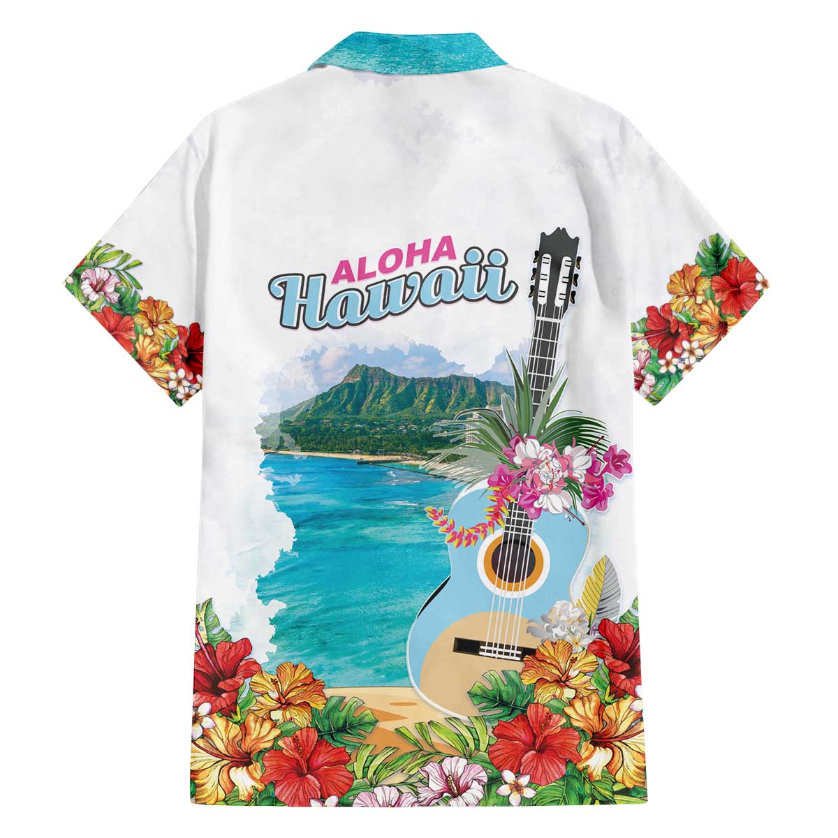 Aloha Hawaii Waikiki Beach Landscape Family Matching Off The Shoulder Long Sleeve Dress and Hawaiian Shirt